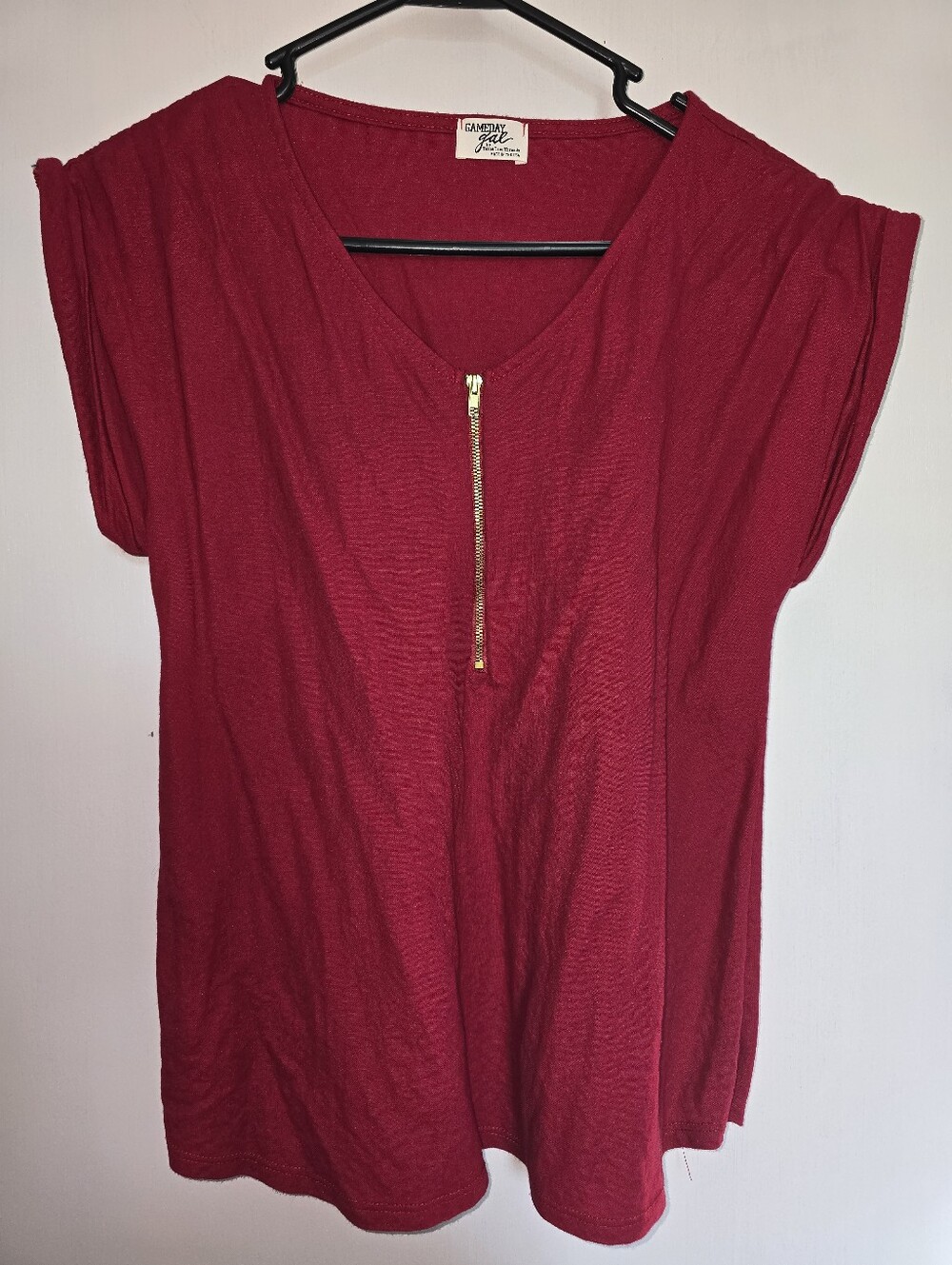 Zip-Front Red Short-Sleeve V-Neck Tee